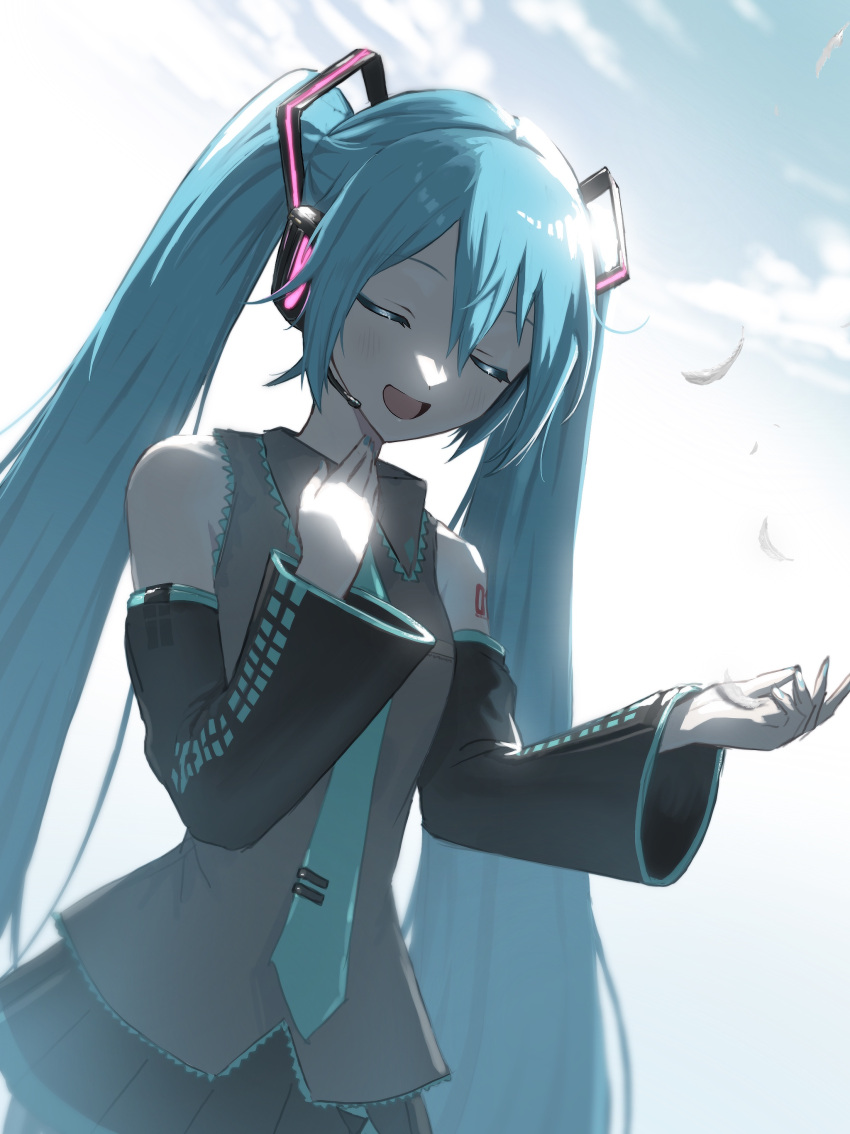 1girl, :d, absurdres, arm_tattoo, black_skirt, black_sleeves, blue_hair, blue_necktie