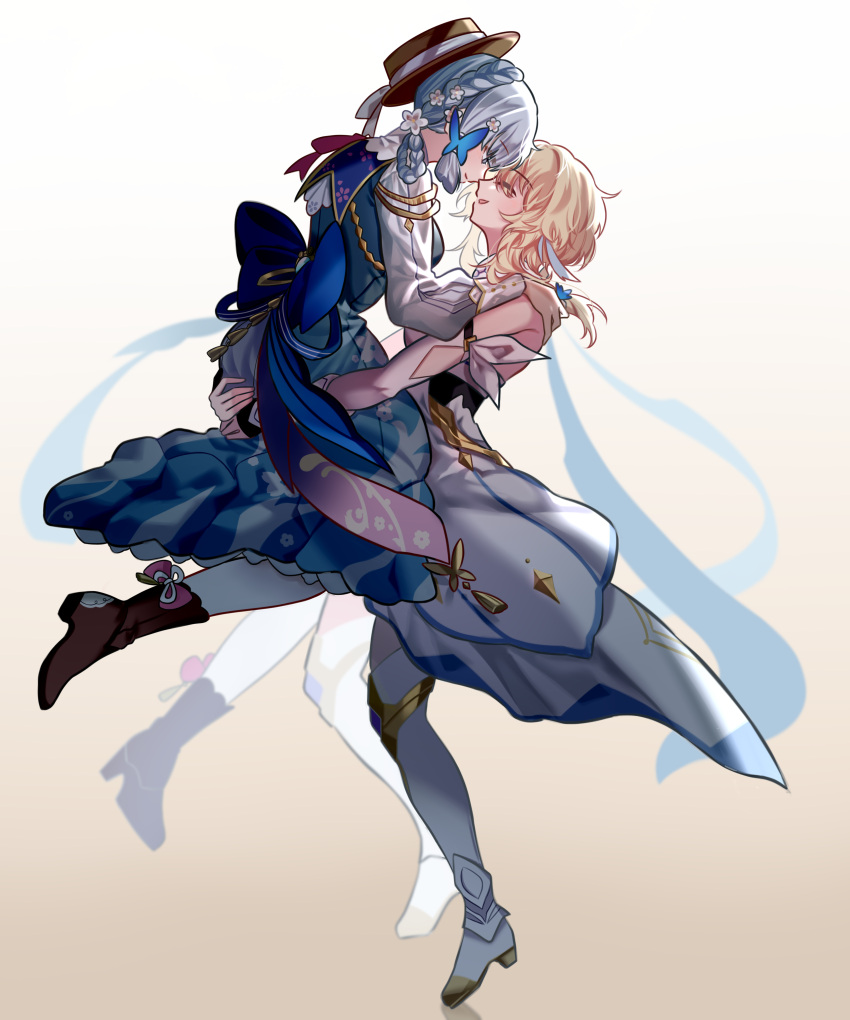 2girls, absurdres, back_bow, blonde_hair, blue_bow, blue_butterfly, blue_dress, blue_eyes