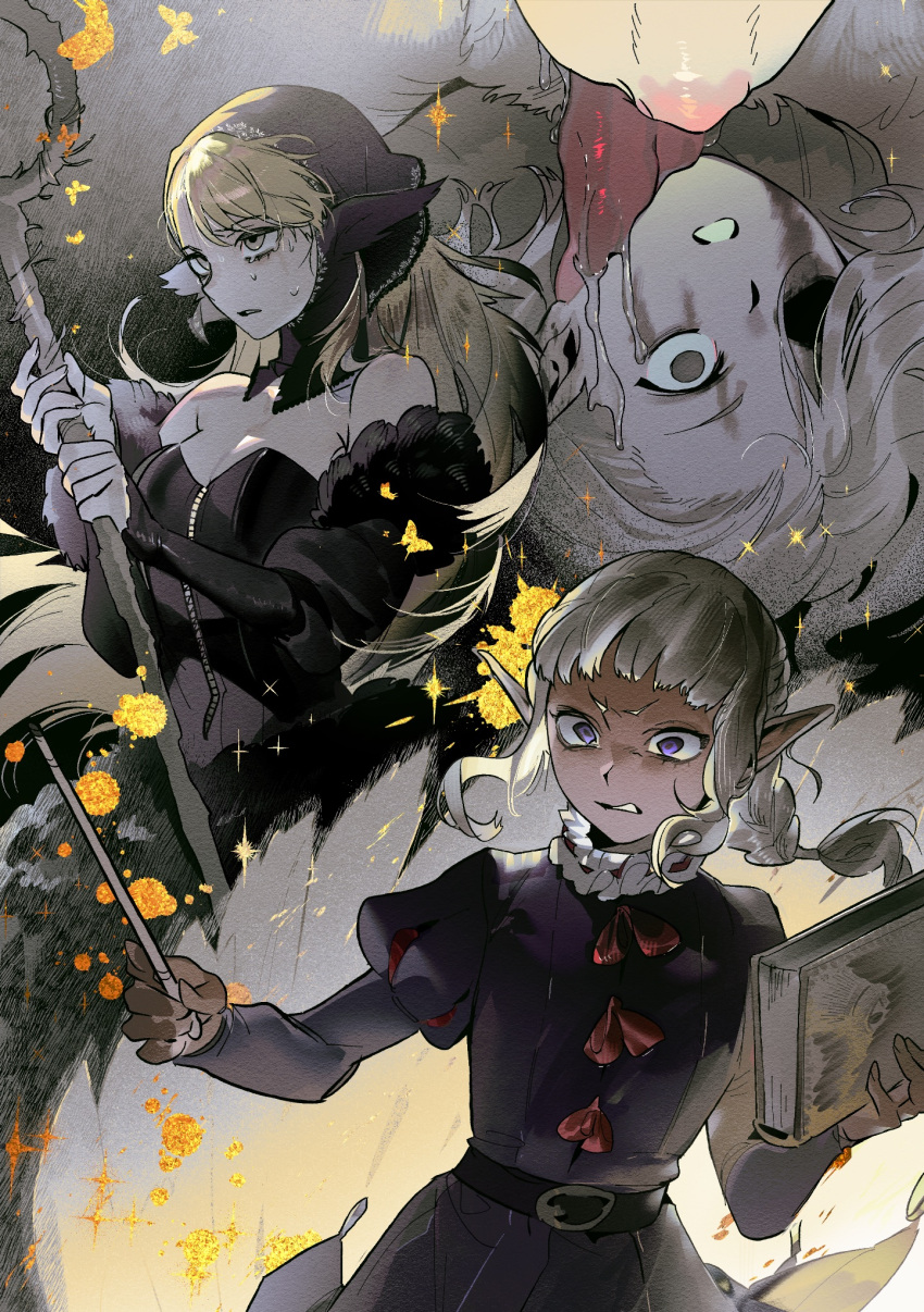 1boy, 2girls, bare_shoulders, black_dress, blonde_hair, book, breasts, character_request