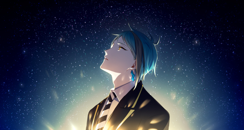 13_(bbr584607091), 1boy, aqua_hair, black_hair, black_jacket, black_necktie, collared_shirt, commentary