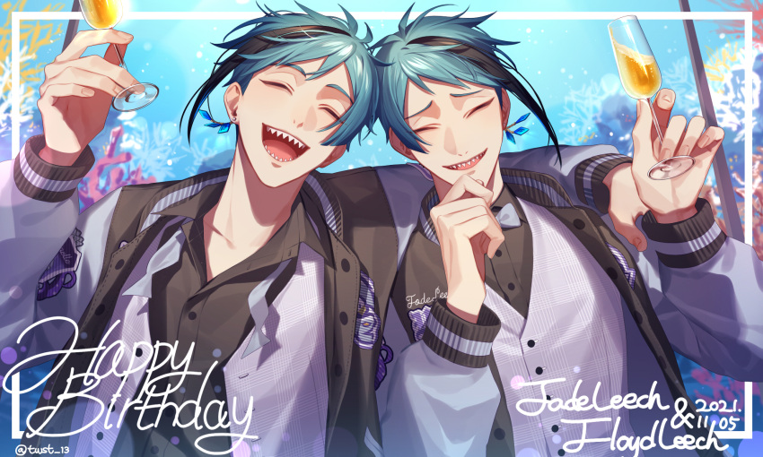 13_(bbr584607091), 2boys, aqua_hair, arm_around_shoulder, black_hair, black_shirt, bow, bowtie