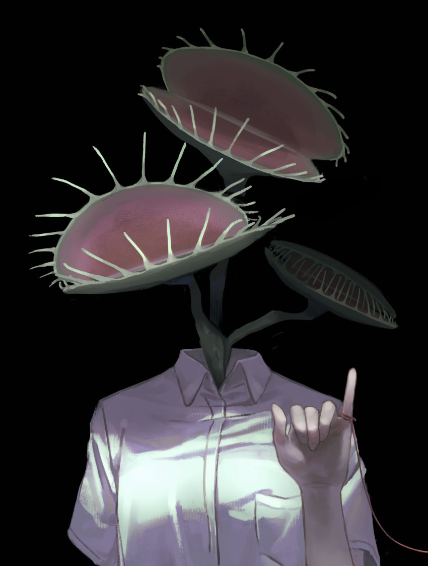 1girl, black_background, breast_pocket, breasts, carnivorous_plant, collared_shirt, commentary_request, dress_shirt