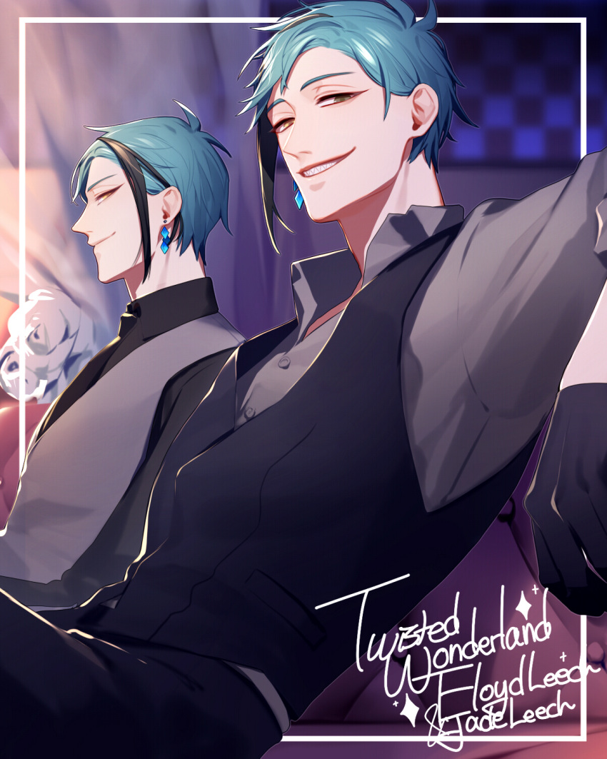 13_(bbr584607091), 2boys, aqua_hair, arm_up, black_hair, black_shirt, border, brothers