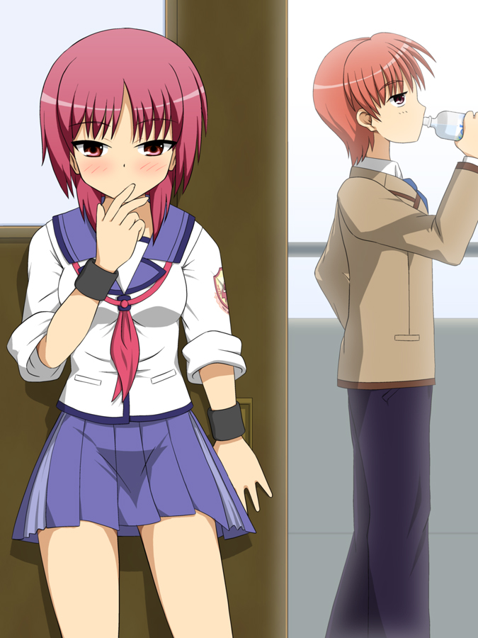 blush, bottle, hiraizumi_(mugenkidousha), indirect_kiss, iwasawa, mugenki, otonashi_(angel_beats!), red_eyes