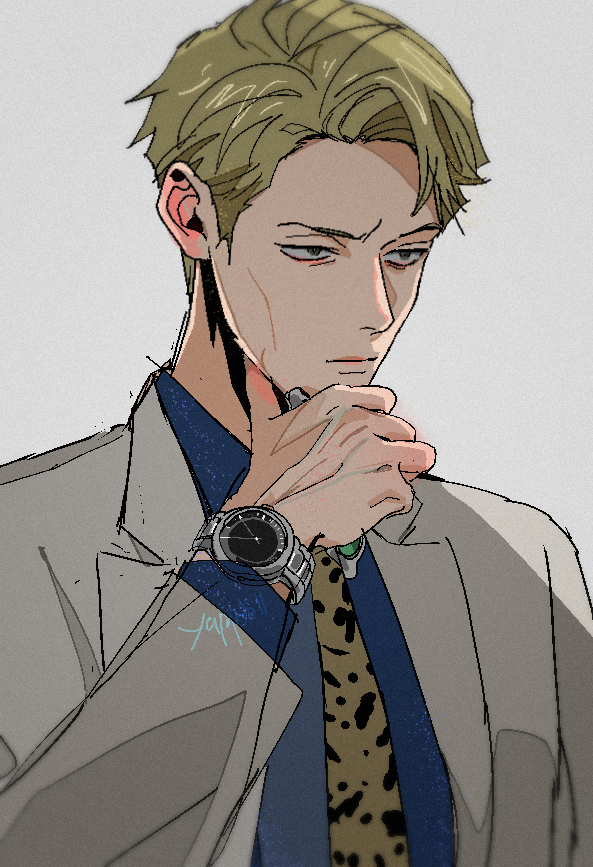 1boy, animal_print, blonde_hair, blue_shirt, brown_eyes, collared_shirt, goggles, grey_suit