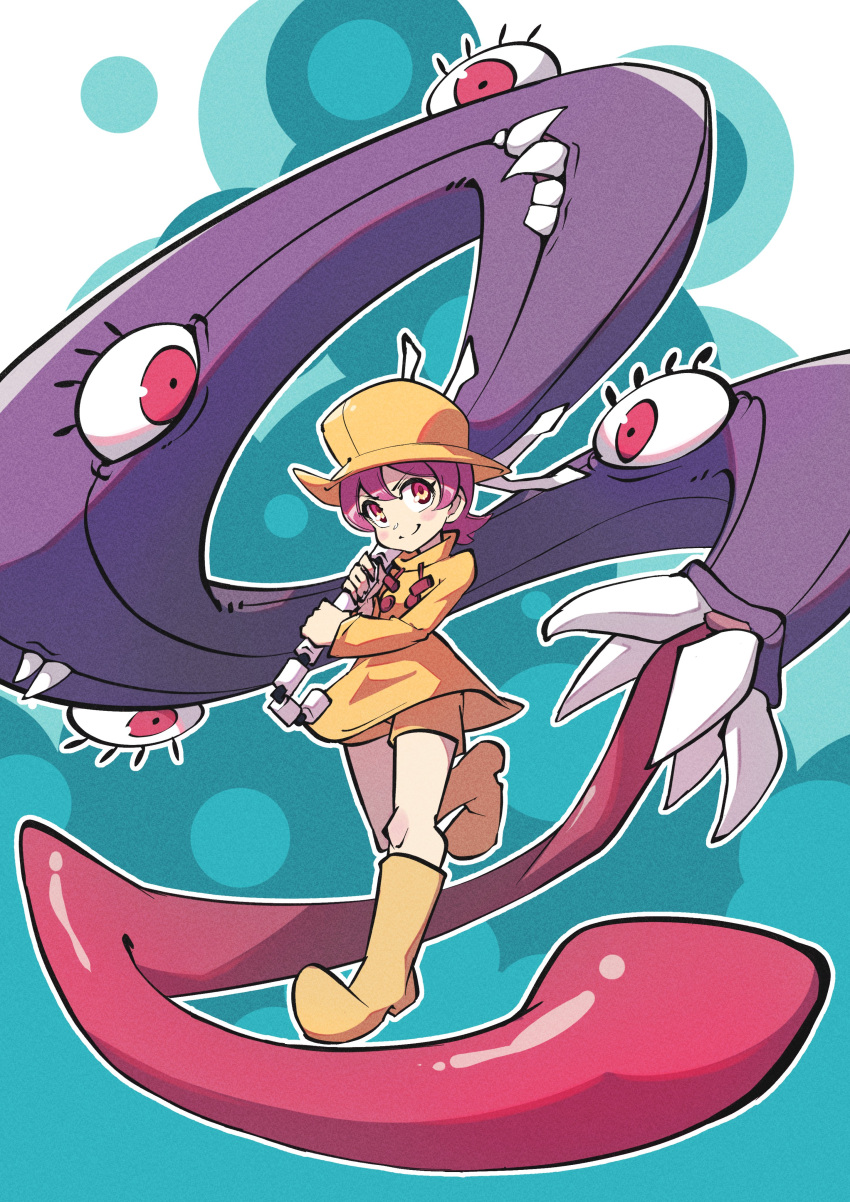 1girl, absurdres, boots, buresu21, closed_umbrella, eldritch_abomination, extra_eyes, hat