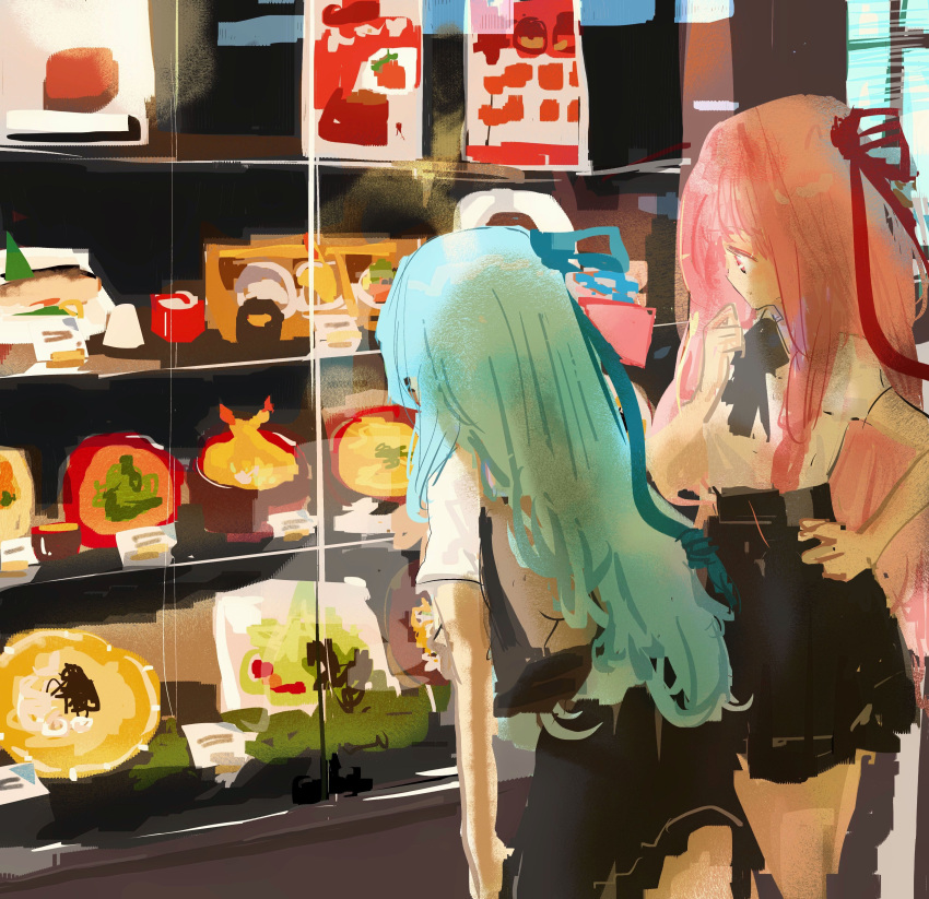 2girls, absurdres, alternate_costume, bag, black_ribbon, black_skirt, blue_ribbon, commentary_request