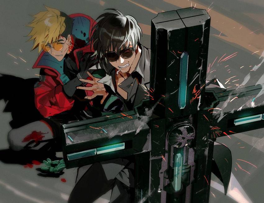2boys, black_gloves, black_hair, black_jacket, black_pants, black_shirt, blonde_hair, blood
