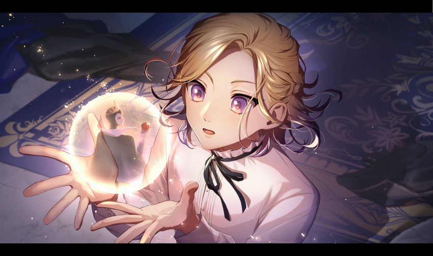 13_(bbr584607091), 1boy, 1girl, aged_down, apple, black_bow, black_bowtie, black_cape