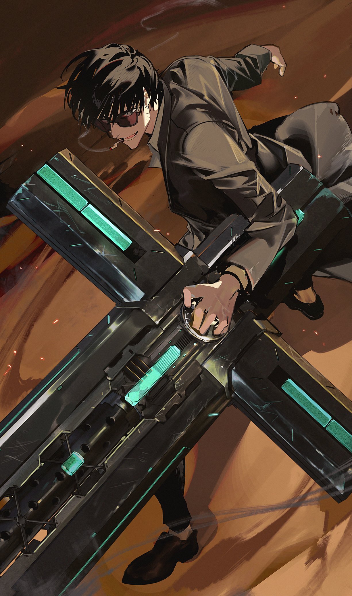 1boy, black_eyes, black_footwear, black_hair, black_jacket, black_pants, brown_background, cigarette