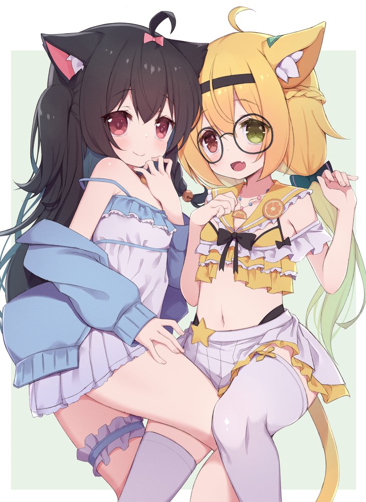 2girls, ahoge, animal_ear_fluff, animal_ears, arashiya, black_hair, blonde_hair, blue_jacket