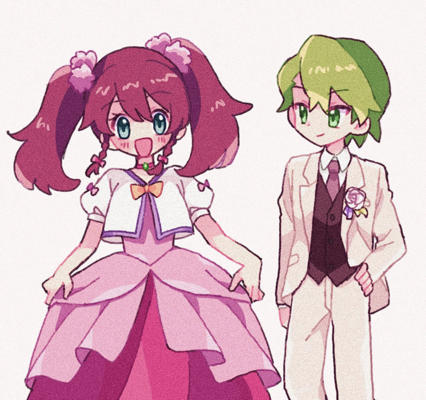 1boy, 1girl, blue_eyes, blush, bow, braid, brown_hair, brown_vest, choker, clothes_grab, corsage, dress, dress_shirt, drew_(pokemon), flower, frilled_dress, frills, gem, gown, green_eyes, green_gemstone, green_hair, hair_bow, hand_on_own_hip, highres, jacket, looking_at_another, looking_at_viewer, may_(pokemon), mgomurainu, official_alternate_costume, open_mouth, pants, pink_bow, pink_choker, pink_flower, pink_rose, pokemon, pokemon_(anime), pokemon_rse_(anime), pom_pom_(clothes), puffy_short_sleeves, puffy_sleeves, rose, shirt, short_braid, short_hair, short_sleeves, sidelocks, smile, standing, suit, suit_jacket, twin_braids, twintails, upper_body, vest, white_jacket, white_pants, white_shirt, white_suit