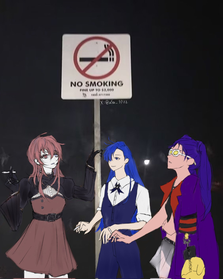 3girls, ado_(utaite), asa_5732, belt, black_belt, black_gloves, black_ribbon, black_shirt