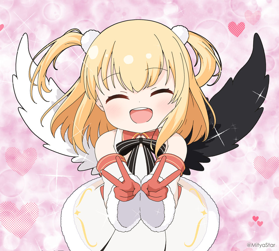 1girl, :d, ^_^, black_bow, black_wings, blonde_hair, bow, closed_eyes, collared_dress, commentary_request, detached_sleeves, double_v, dress, facing_viewer, fur-trimmed_dress, fur-trimmed_sleeves, fur_trim, gloves, heart, heart_background, long_hair, long_sleeves, marl_(shironeko_project), mismatched_wings, mitya, red_gloves, shironeko_project, sleeveless, sleeveless_dress, smile, solo, striped, striped_bow, twitter_username, two_side_up, v, white_dress, white_sleeves, white_wings, wide_sleeves, wings