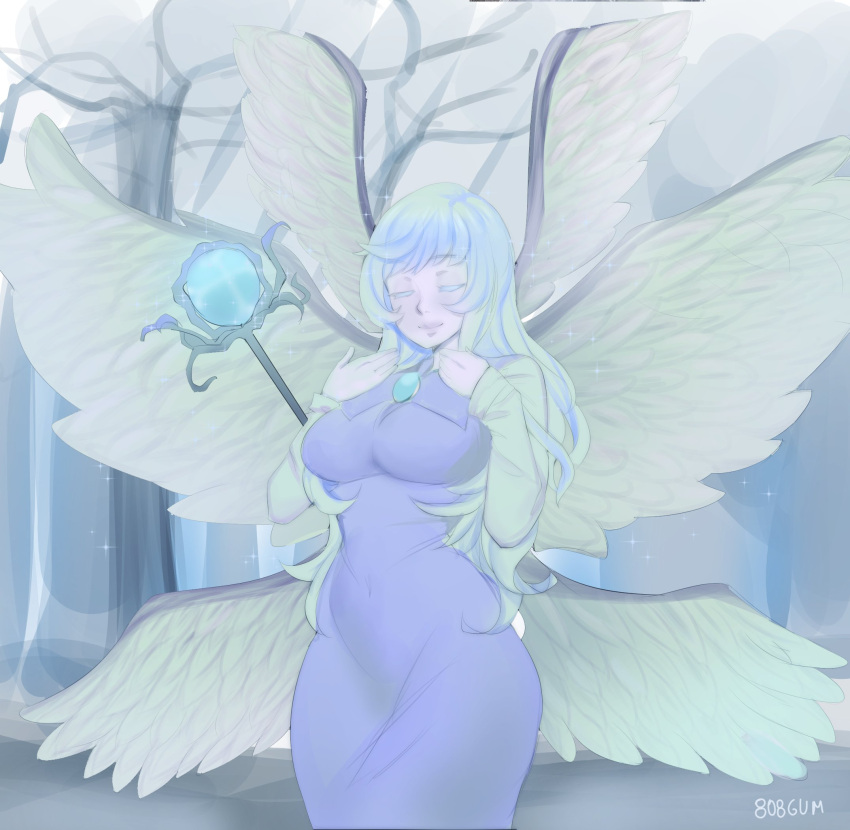 1girl, 808gum, artist_name, blue_dress, blue_gemstone, blue_hair, breasts, chest_jewel