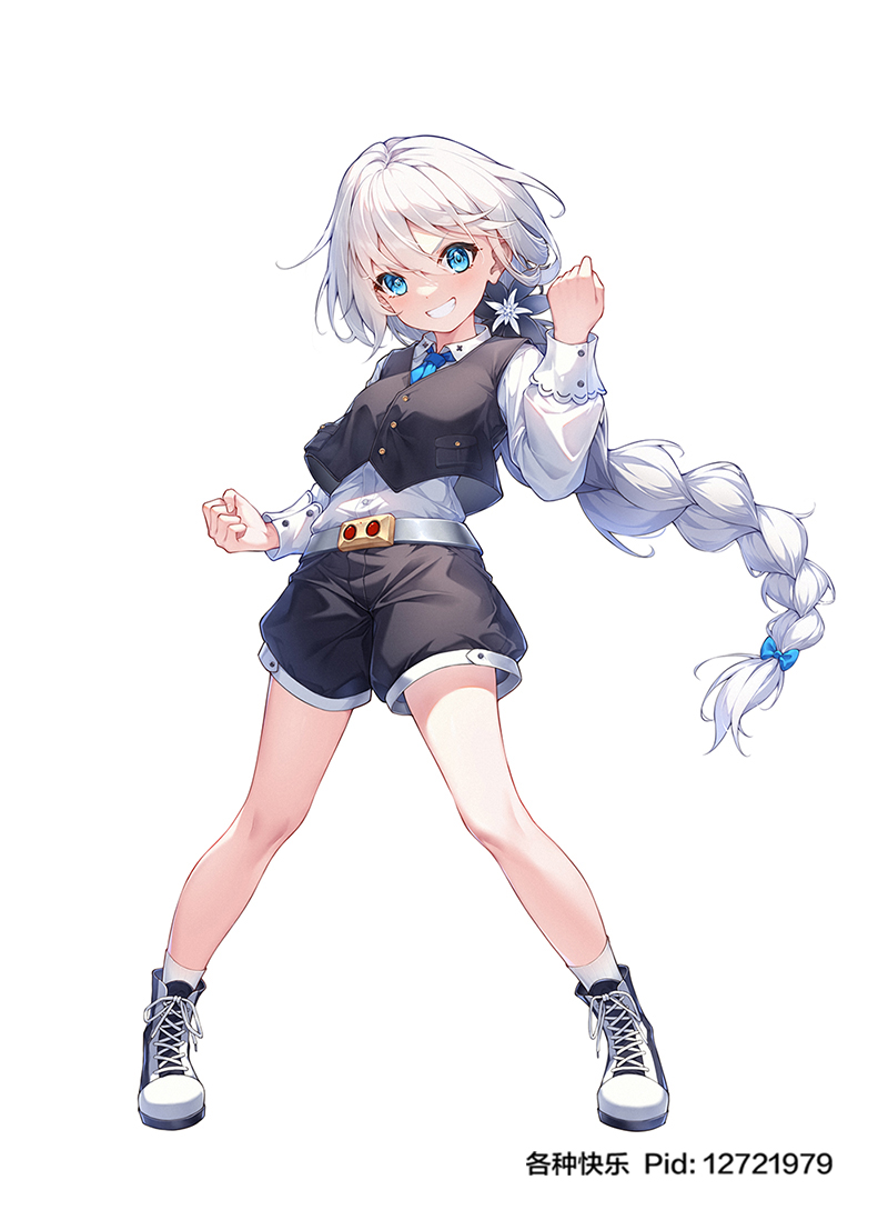 1girl, aged_down, apc556_(girls'_frontline), belt, black_shorts, black_vest, blue_bow, blue_eyes