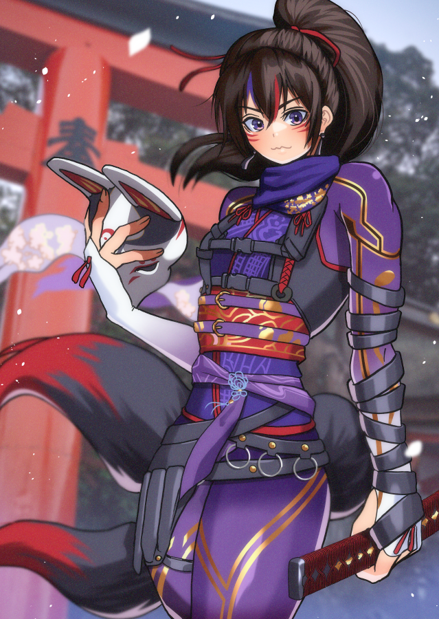 1girl, akisu_k, black_hair, blush, earrings, facial_mark, fox_mask, jewelry