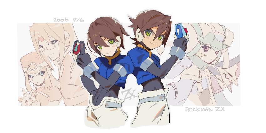 3boys, 3girls, aile_(mega_man_zx), armor, blonde_hair, brown_hair, facial_mark, forehead_mark