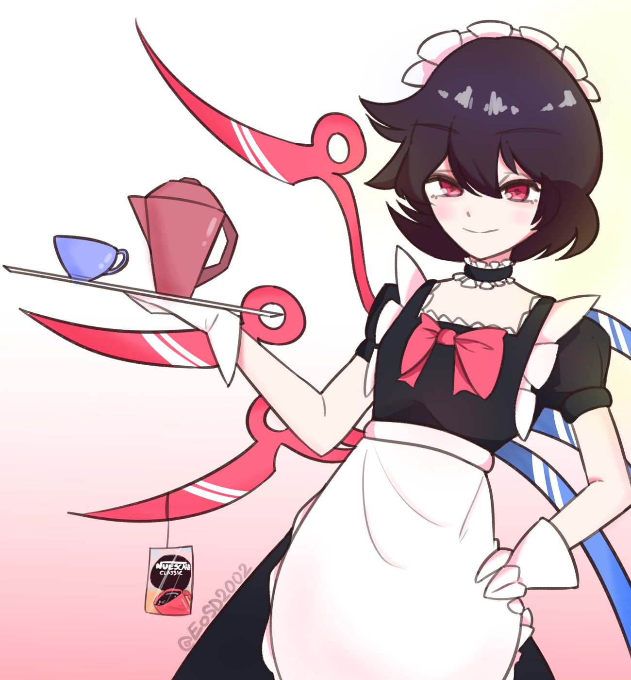 1girl, adapted_costume, alternate_costume, apron, asymmetrical_wings, black_choker, black_dress, black_hair