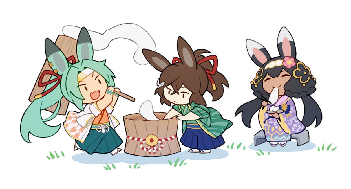 1girl, 2boys, alternate_costume, animal_ears, black_hair, brown_hair, chibi, chopsticks, dark-skinned_female, dark_skin, dragalia_lost, dragalinuka, food, full_body, green_hair, hair_between_eyes, hammer, headband, holding, holding_chopsticks, holding_hammer, japanese_clothes, kimono, laranoa, long_hair, luca_(dragalia_lost), mochi, mochitsuki, multiple_boys, rabbit_ears, sylas_(dragalia_lost)