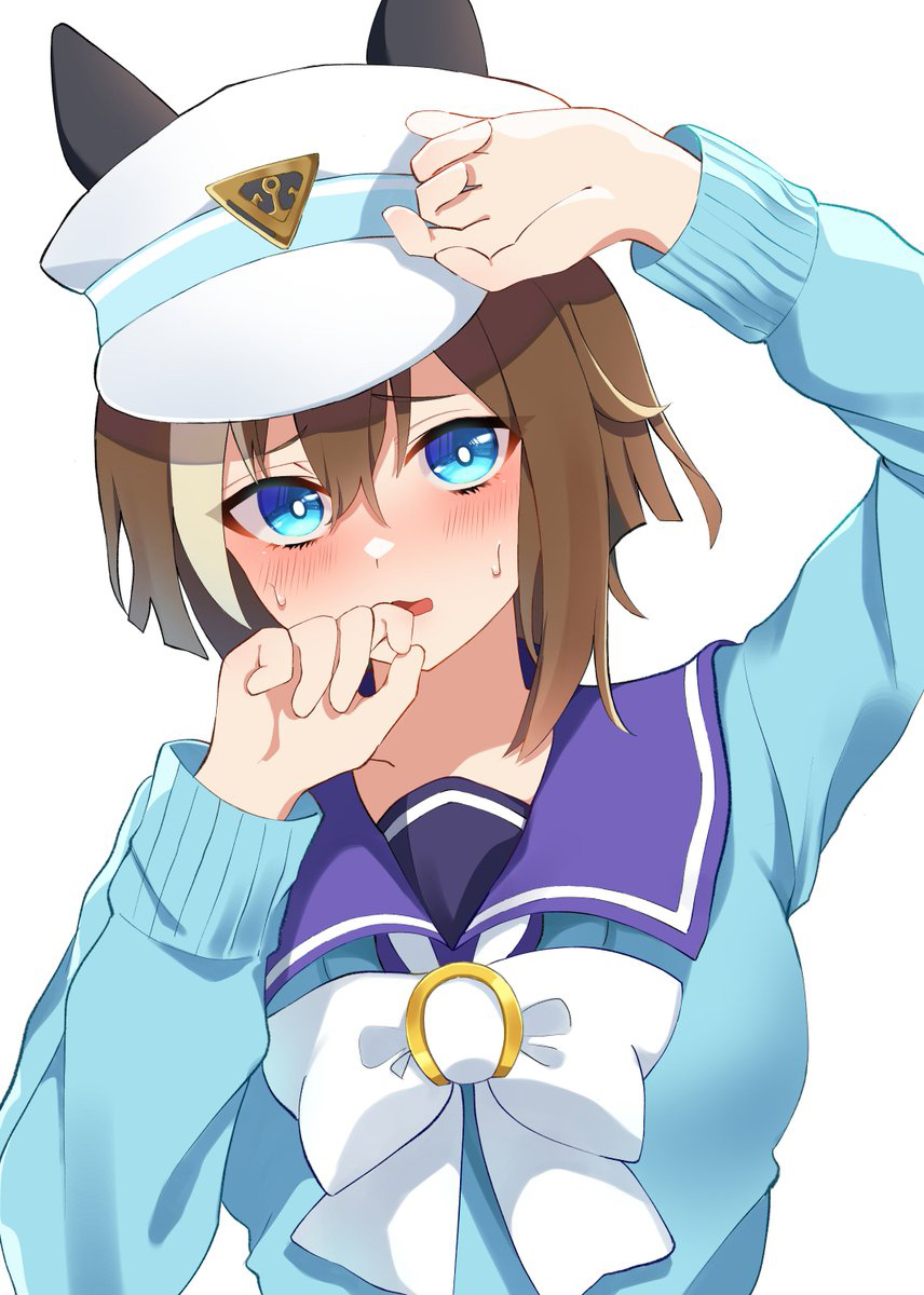 1girl, animal_ears, arm_up, blue_eyes, blue_sweater, blush, bow, brown_hair