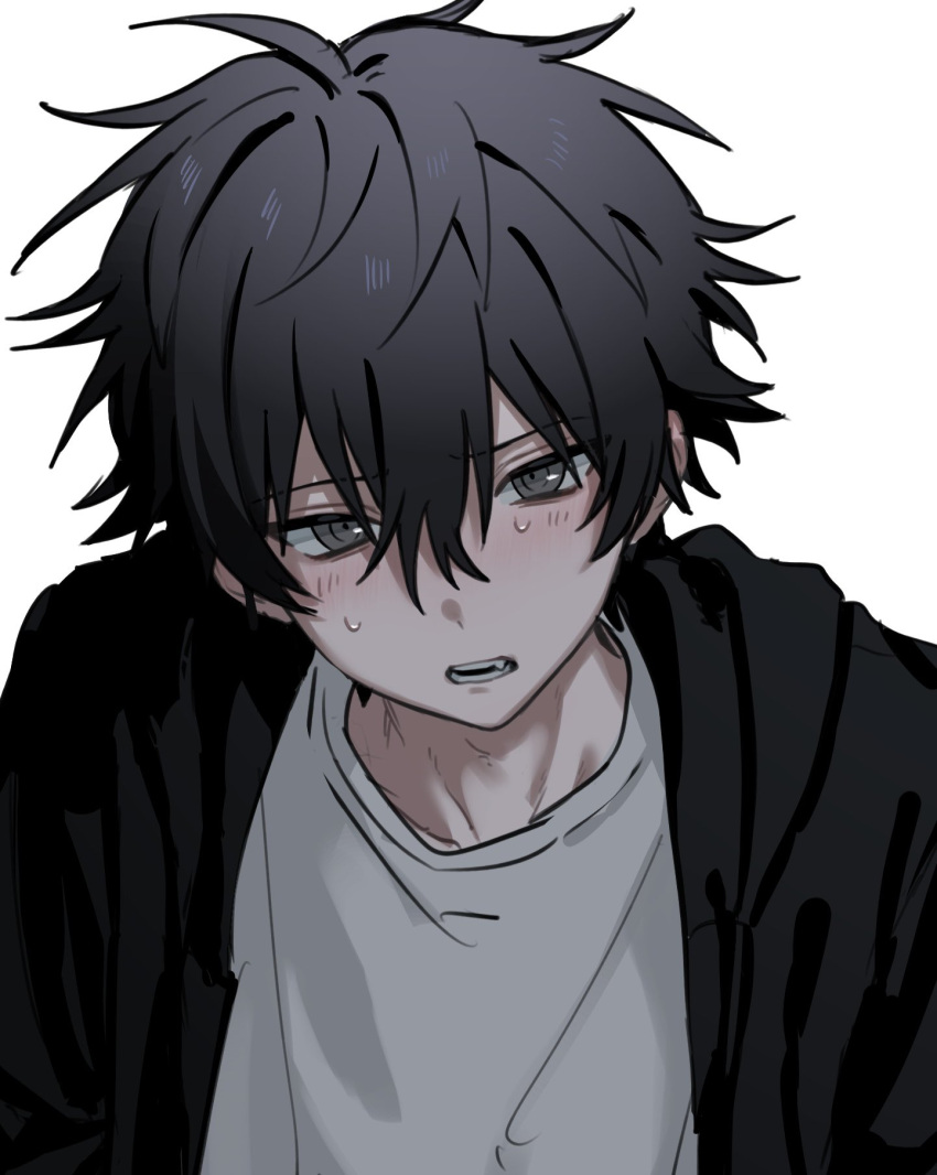 black_hair, fang, grey_eyes, highres, imai_akira, jacket, messy_hair, original