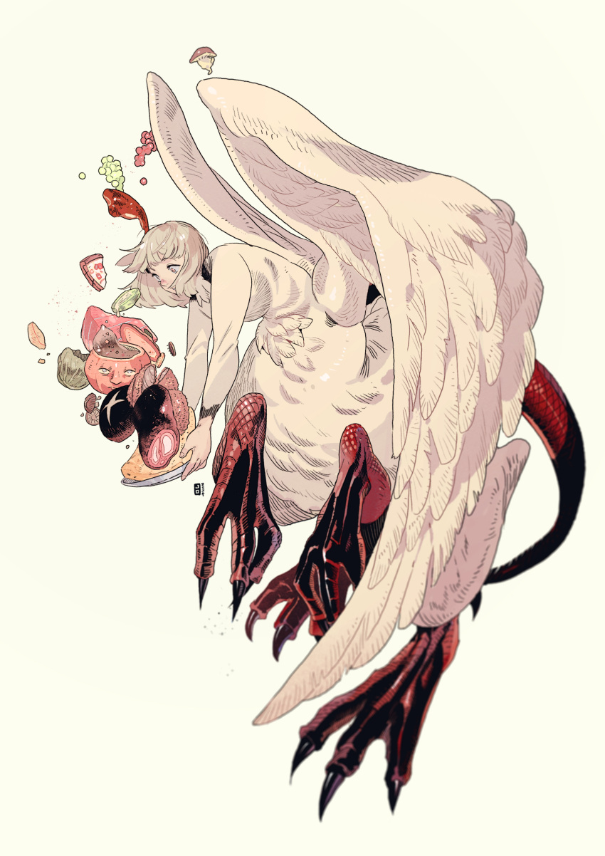 1girl, absurdres, blurry, bread, cabbage, catching, cheese, chimera