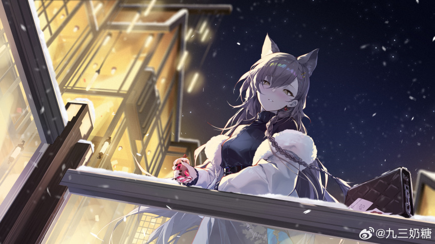 1girl, absurdres, against_railing, alcohol, animal_ear_fluff, animal_ears, arknights, arm_rest