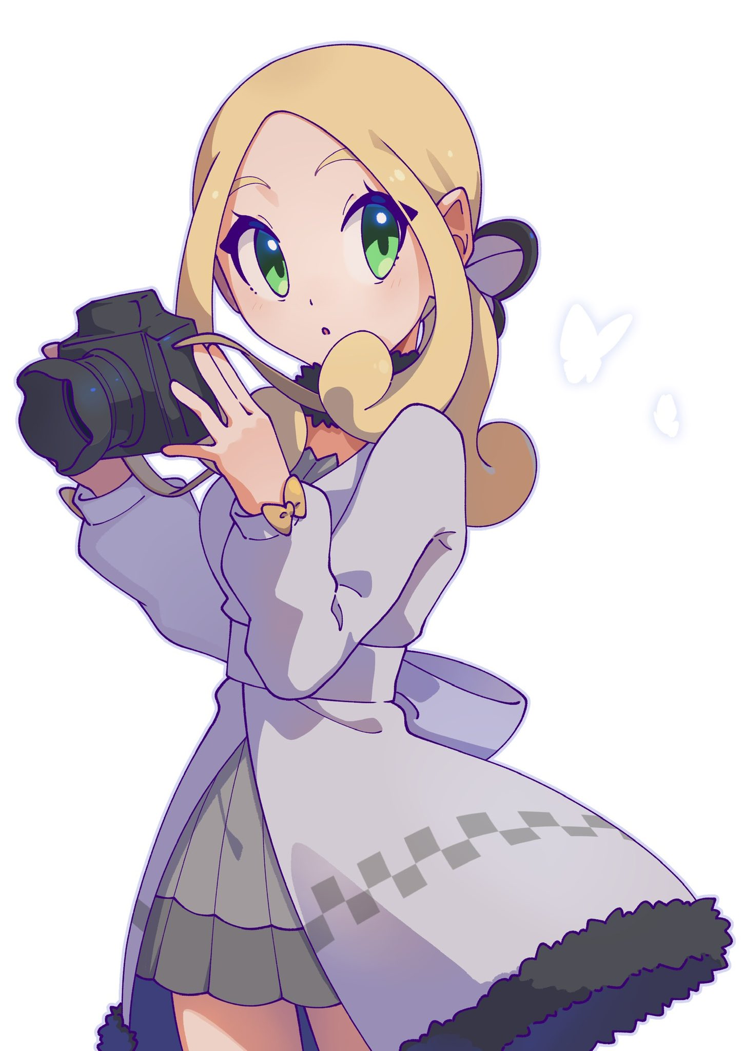 1girl, blonde_hair, bug, butterfly, camera, coat, cowboy_shot, green_eyes, grey_skirt, highres, holding, holding_camera, long_sleeves, looking_to_the_side, official_alternate_costume, official_alternate_hairstyle, omochi_(omotimotittona3), parted_lips, pleated_skirt, pokemon, pokemon_masters_ex, skirt, viola_(holiday_2023)_(pokemon), viola_(pokemon), white_background, white_coat