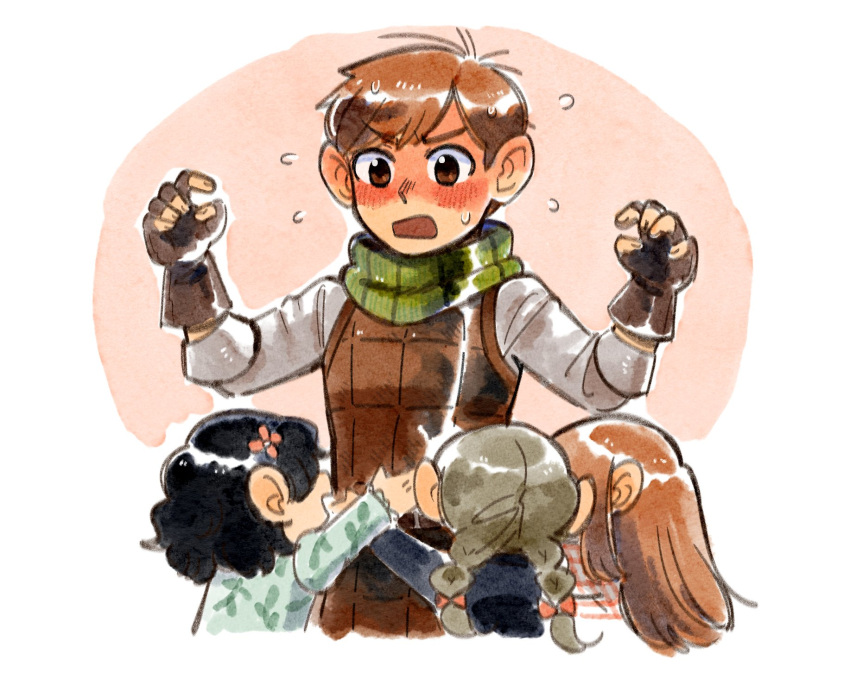 1boy, 3girls, ange_(angeban93), armor, black_hair, blush, brown_eyes, brown_gloves