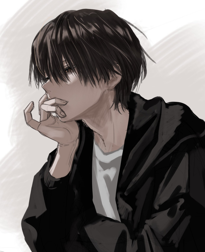black_hair, black_jacket, brown_eyes, hand_on_own_face, hand_to_own_mouth, highres, imai_akira, jacket