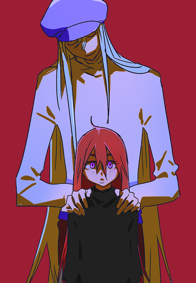 1boy, 1girl, black_shirt, blonde_hair, blue_headwear, flat_chest, freckles, grey_hair