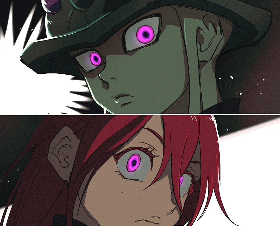 1boy, 1girl, black_background, brother_and_sister, close-up, closed_mouth, colored_eyelashes, colored_skin