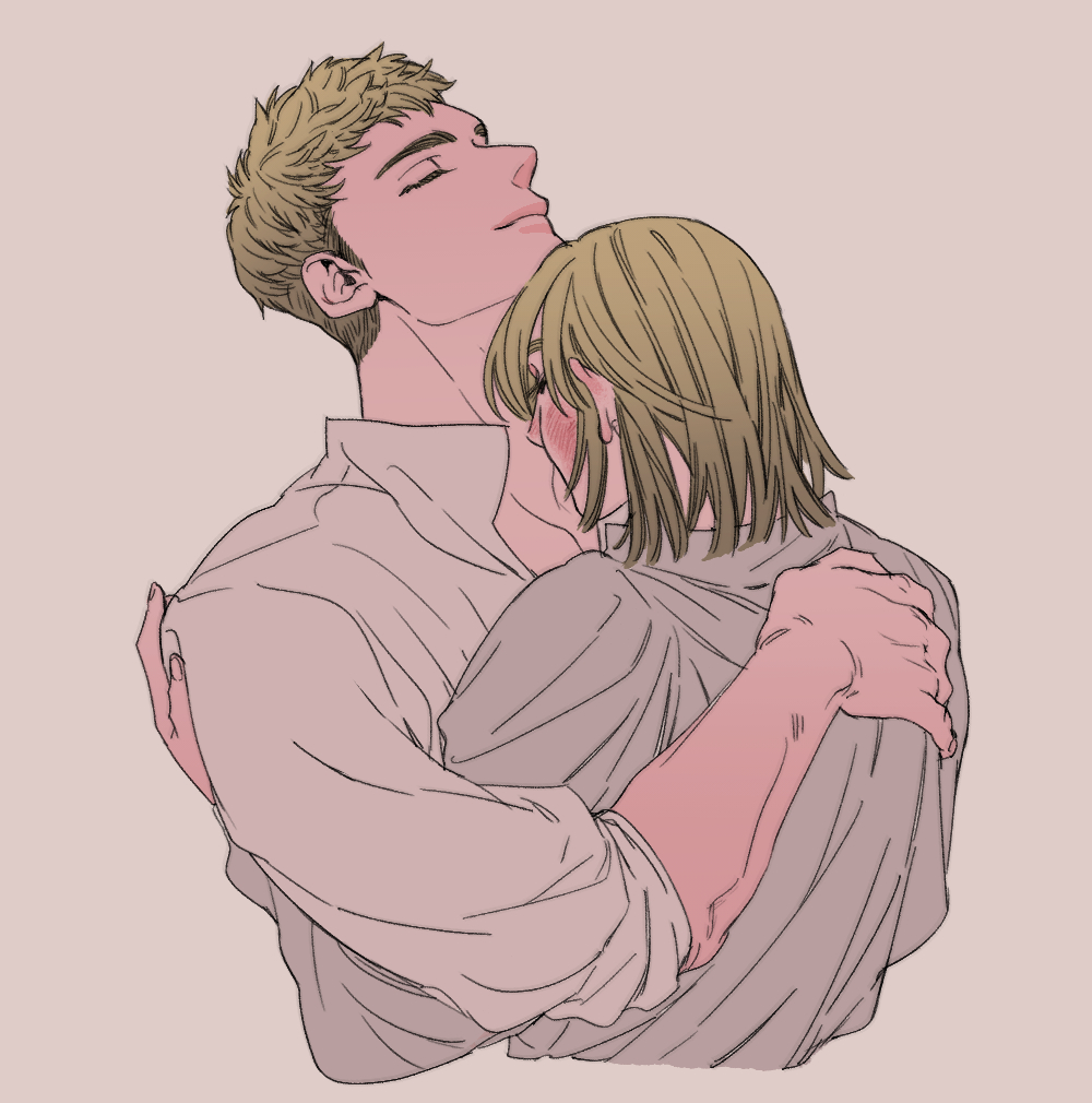 1boy, 1girl, affectionate, blonde_hair, blush, brother_and_sister, collared_shirt, cropped_torso