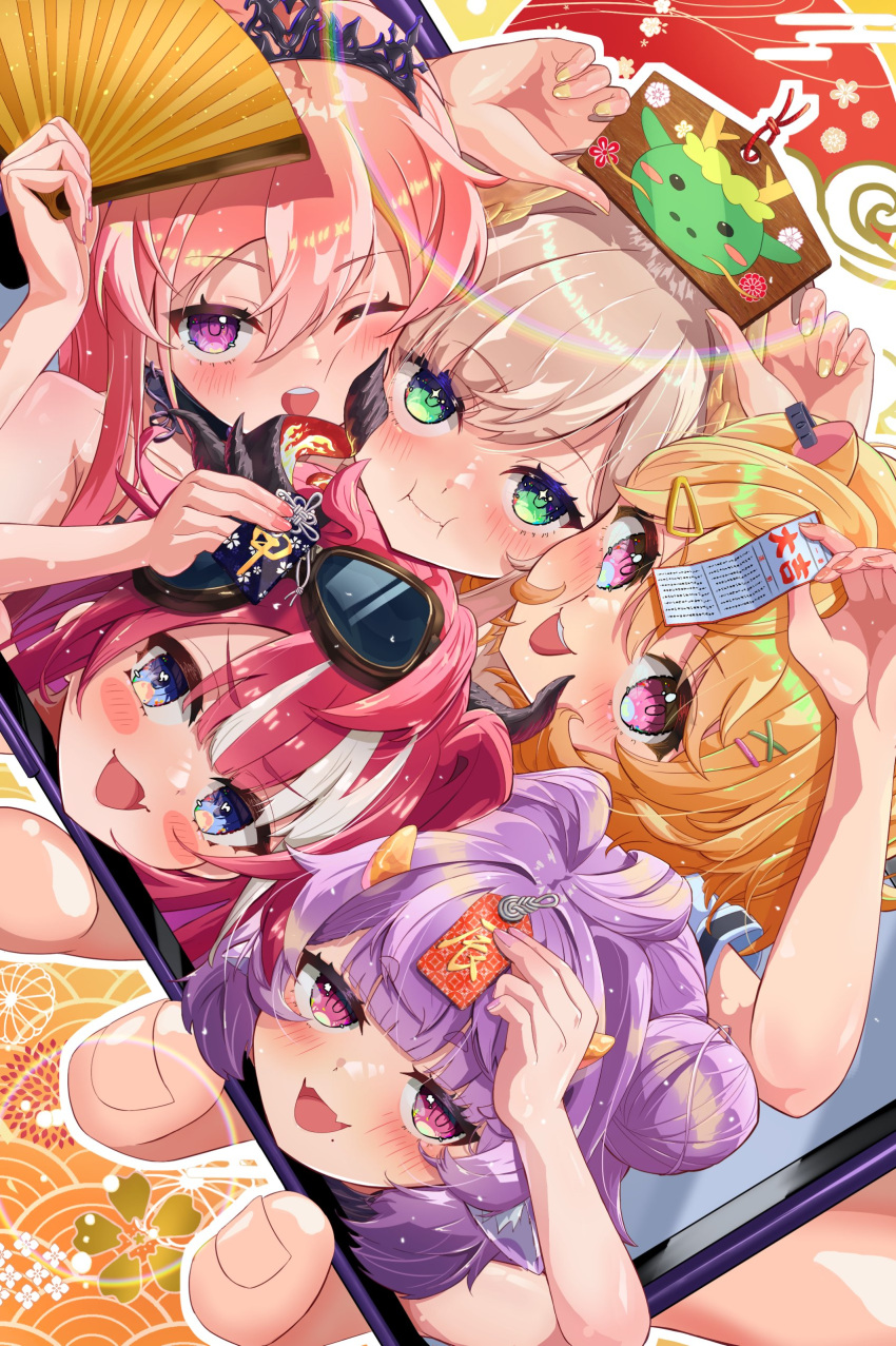5girls, absurdres, animal_ear_fluff, animal_ears, black_horns, blonde_hair, blue_eyes, blush