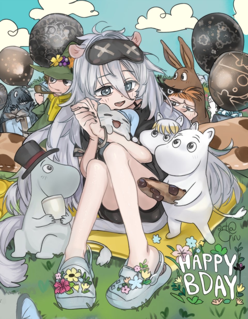 1girl, animal_ears, bare_legs, black_shorts, character_request, clauvio_(vtuber), commentary, english_commentary, full_body, girutea, grey_eyes, grey_footwear, grey_hair, hair_between_eyes, happy_birthday, highres, indie_virtual_youtuber, knees_up, long_hair, looking_at_viewer, moomin, moomintroll, mouse_ears, mouse_girl, open_mouth, short_shorts, shorts, sitting, sleep_mask, snufkin, very_long_hair, virtual_youtuber