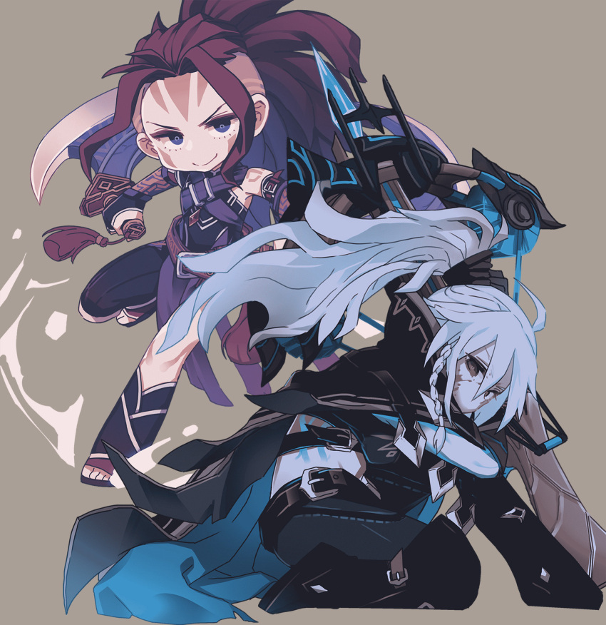 2girls, ahoge, anti-mage, black_cape, black_footwear, black_pants, blood, blood_on_face