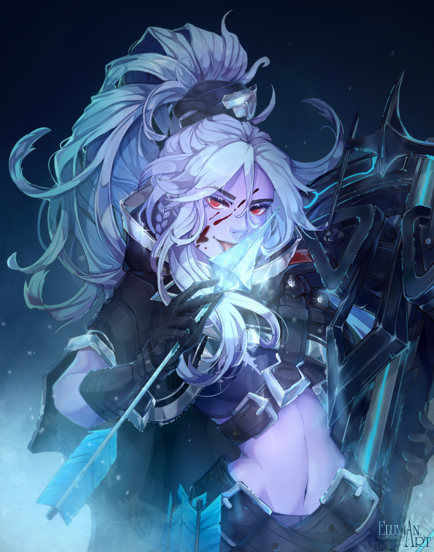 1girl, absurdres, arrow_(projectile), black_cape, black_gloves, blood, blood_on_face, blue_skin