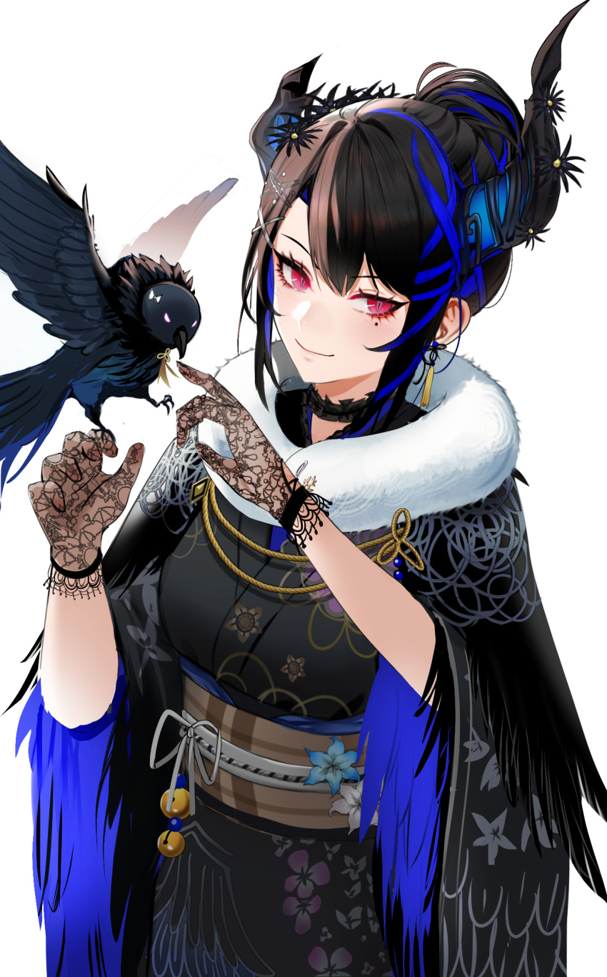 1girl, asymmetrical_horns, black_hair, black_kimono, blue_hair, blush, choker, colored_inner_hair