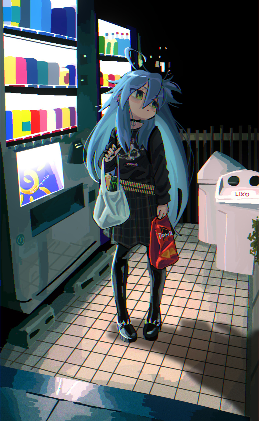 1girl, absurdres, ahoge, alternate_costume, bag, bags_under_eyes, black_footwear, black_nails