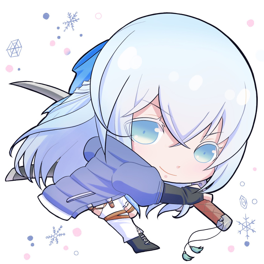1girl, blue_eyes, boots, bridal_gauntlets, chibi, coat, double-parted_bangs, eiyuu_densetsu