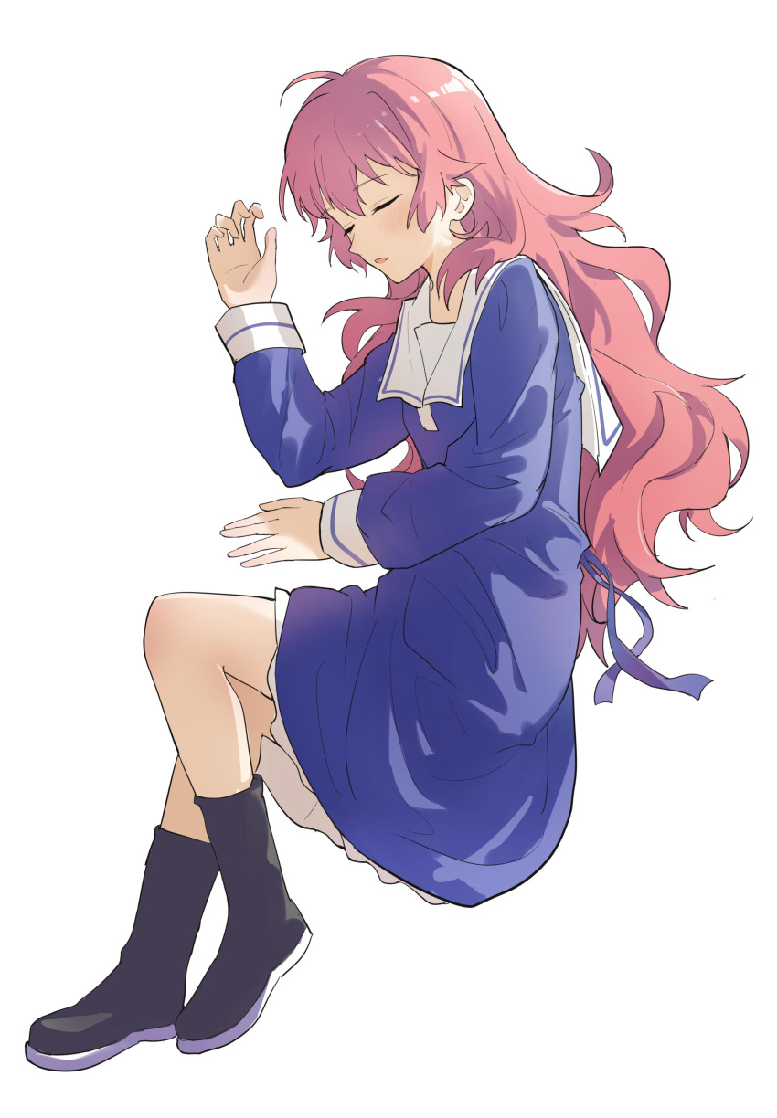 1girl, absurdres, ahoge, black_footwear, blue_dress, blue_ribbon, boots, curly_hair, dress, highres, kagari_mimi, kimi_ga_shinu_made_koi_wo_shitai, long_hair, long_sleeves, lrhwushang, lying, on_side, parted_lips, pointy_nose, redhead, ribbon, sailor_collar, simple_background, sleeping, solo, white_background, white_sailor_collar