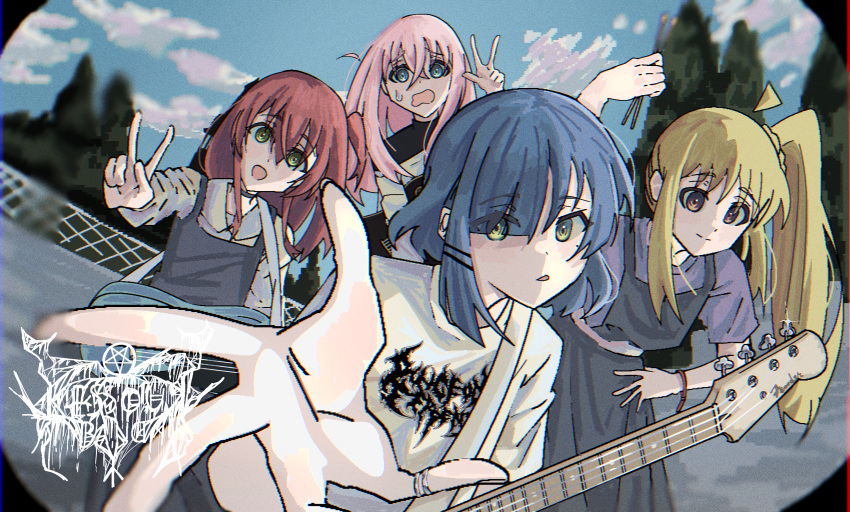 4girls, absurdres, ahoge, alternate_costume, band_shirt, blonde_hair, blue_eyes, blue_hair
