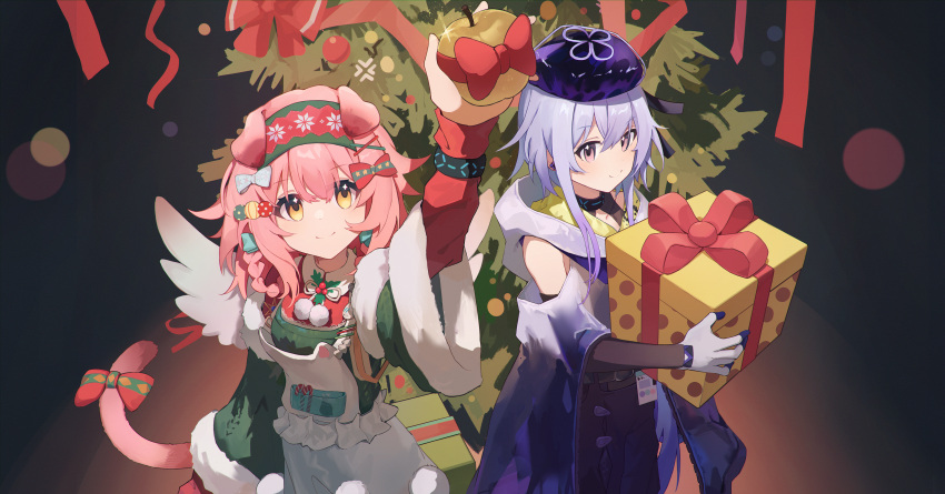 1boy, 1girl, absurdres, animal_ears, apron, arknights, black_background, blue_hair, blue_headwear, blue_hoodie, blush, bow, cat_ears, cat_girl, cat_tail, chinese_commentary, christmas_ornaments, christmas_tree, closed_mouth, clothing_cutout, commentary_request, dress, english_commentary, fur-trimmed_dress, fur_trim, gift, goldenglow_(arknights), goldenglow_(maiden_for_the_bright_night)_(arknights), gradient_background, gradient_hair, gradient_hoodie, green_dress, green_hairband, hair_ornament, hair_rings, hairband, highres, holding, holding_gift, hood, hoodie, light_blue_hair, looking_up, mixed-language_commentary, mizuki_(arknights), multicolored_hair, pink_hair, pom_pom_(clothes), purple_hair, red_hairband, shenhai_xianyu_fan, short_hair, shoulder_cutout, smile, tail, tail_bow, tail_ornament, white_apron, white_hoodie, x_hair_ornament, yellow_eyes