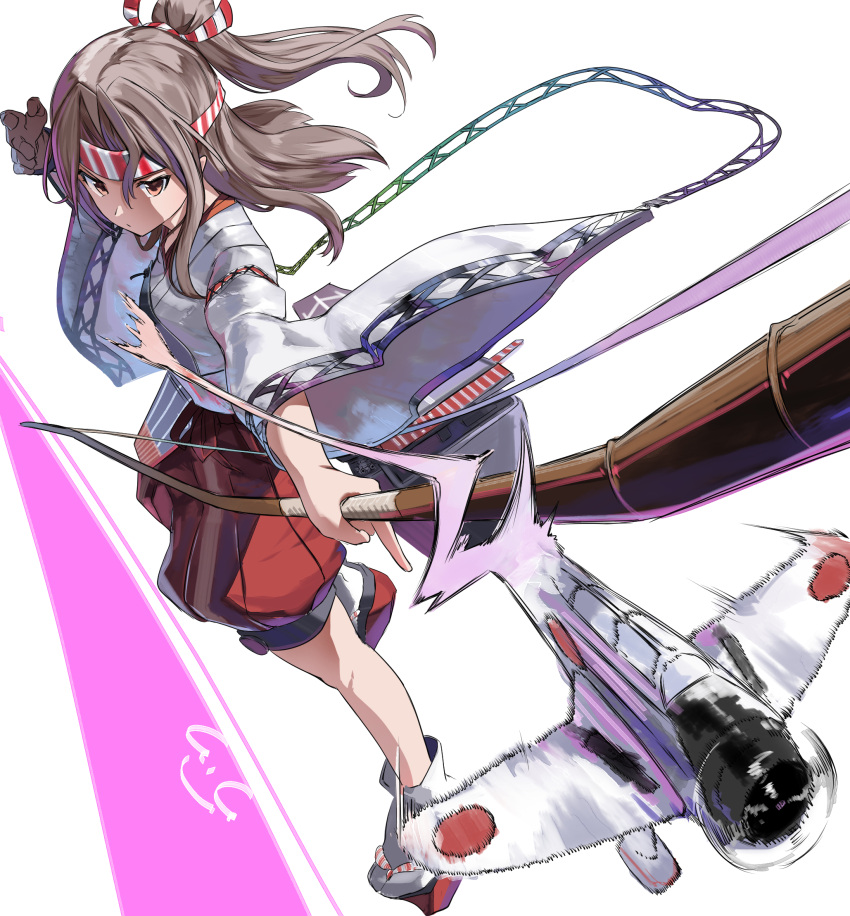 1girl, aircraft, airplane, blush, bow_(weapon), brown_eyes, brown_hair, d3a