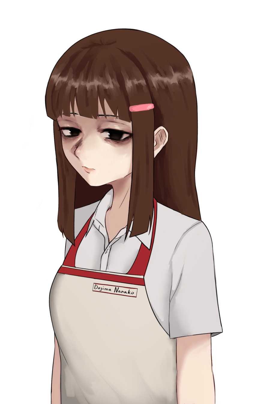 1girl, absurdres, aged_up, apron, bags_under_eyes, brown_hair, cashier, closed_mouth