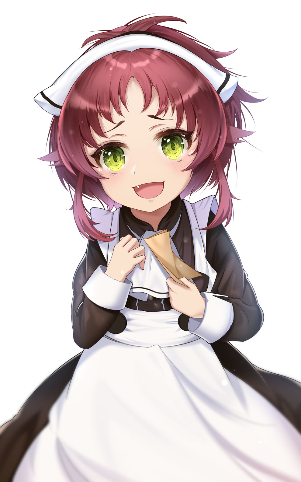 1girl, aisha_greyrat, apron, black_dress, dress, feet_out_of_frame, flat_chest, green_eyes