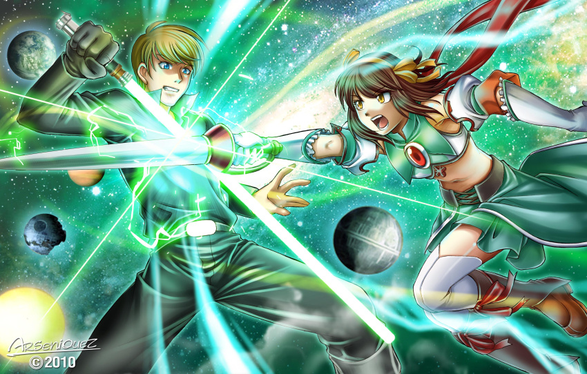 arseniquez, blonde_hair, brown_hair, clash, crossover, death_star, energy_sword, epic