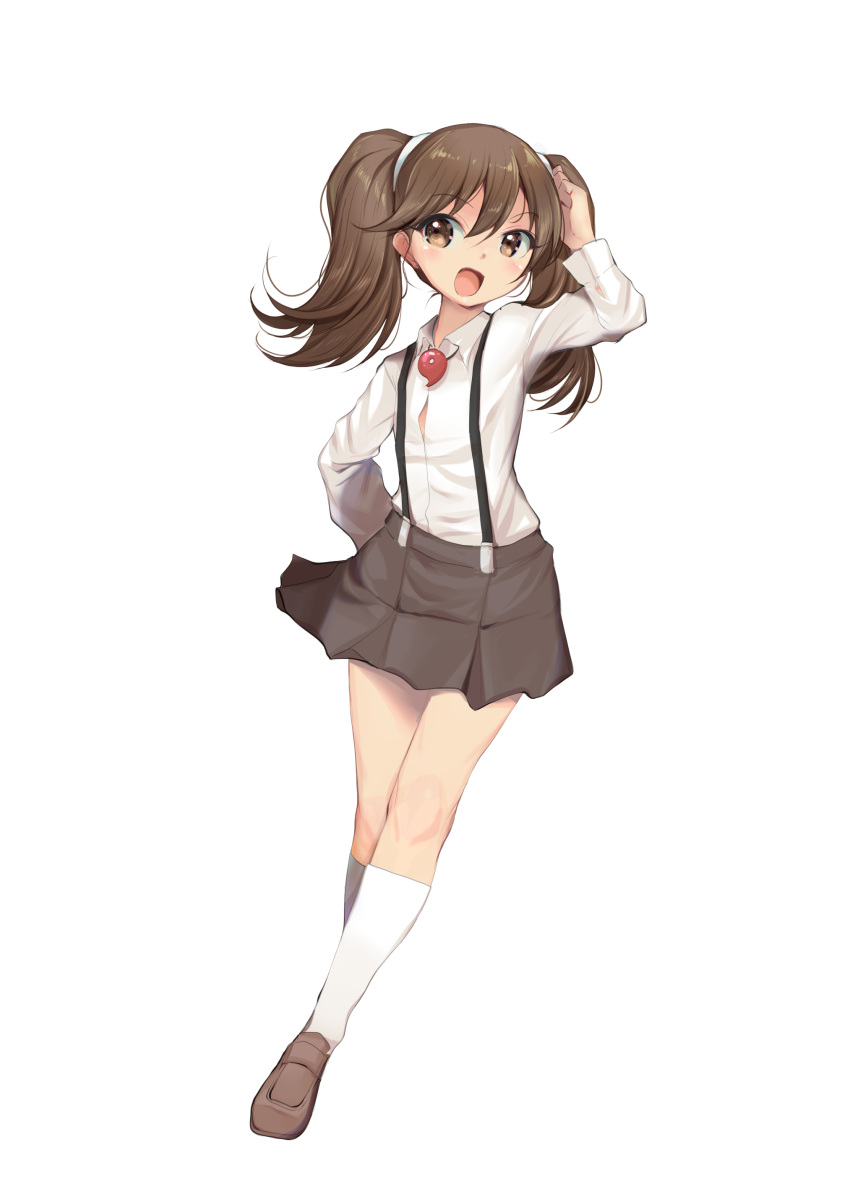 1girl, absurdres, brown_eyes, brown_footwear, brown_hair, brown_skirt, collared_shirt, dress_shirt