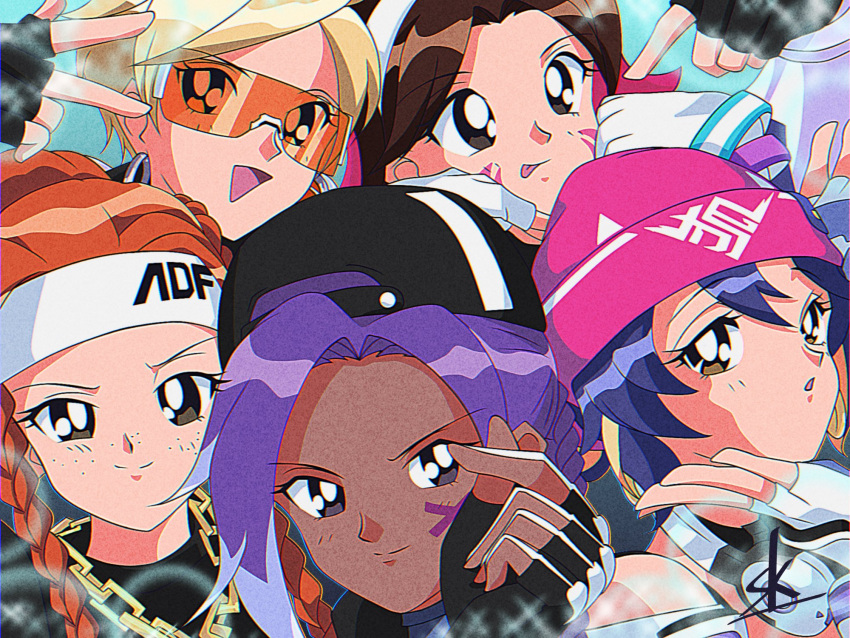 1990s_(style), 5girls, backwards_hat, beanie, black_hair, blonde_hair, blue_hair, brigitte_(overwatch), brown_hair, chain_necklace, d.va_(overwatch), fingerless_gloves, gloves, hand_gesture, hat, headband, headphones, headphones_around_neck, heart, heart_hands, highres, jewelry, kiriko_(overwatch), le_sserafim, multiple_girls, necklace, overwatch, overwatch_2, pink_beanie, purple_hair, retro_artstyle, sk_(sk-jp), sombra_(overwatch), tracer_(overwatch), white_headband
